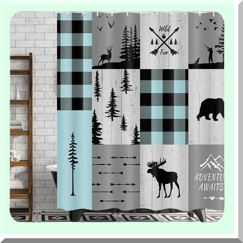 Wildlife Haven Shower Curtain - Rustic Cabin Lodge Decor with Bear, Moose, Deer & Trees - Machine Washable Polyester 