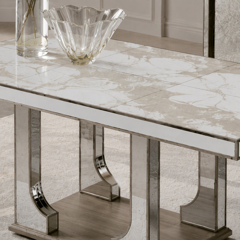 Grande table de salle à manger à miroir 71 x 39,5 x 31,5 po avec motif floral élégant et finition argentée