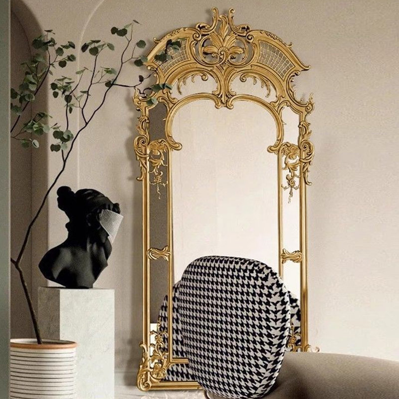 French-Style Vintage Engraved Wall-Mounted And Floor-Standing Full-Length Mirror, Gold, 35.43" x 76.77"