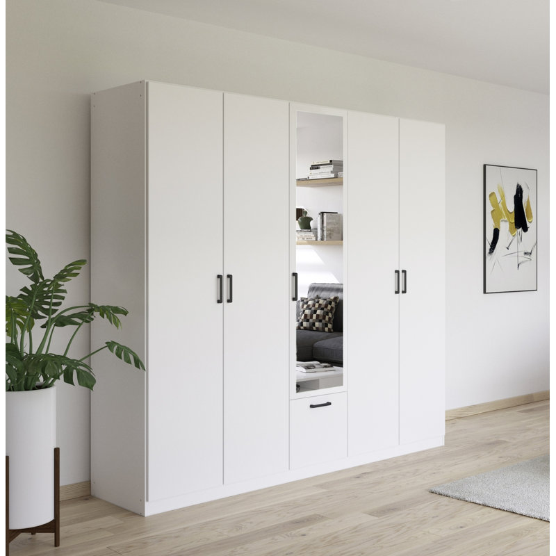 Bari hinged door wardrobe with practical drawers in the middle and handles, Alpine White, 210cm H x 271cm W x 54cm D
