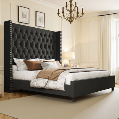 Structure de lit avec tête de lit tapissier en velours de 61,4 po de hauteur