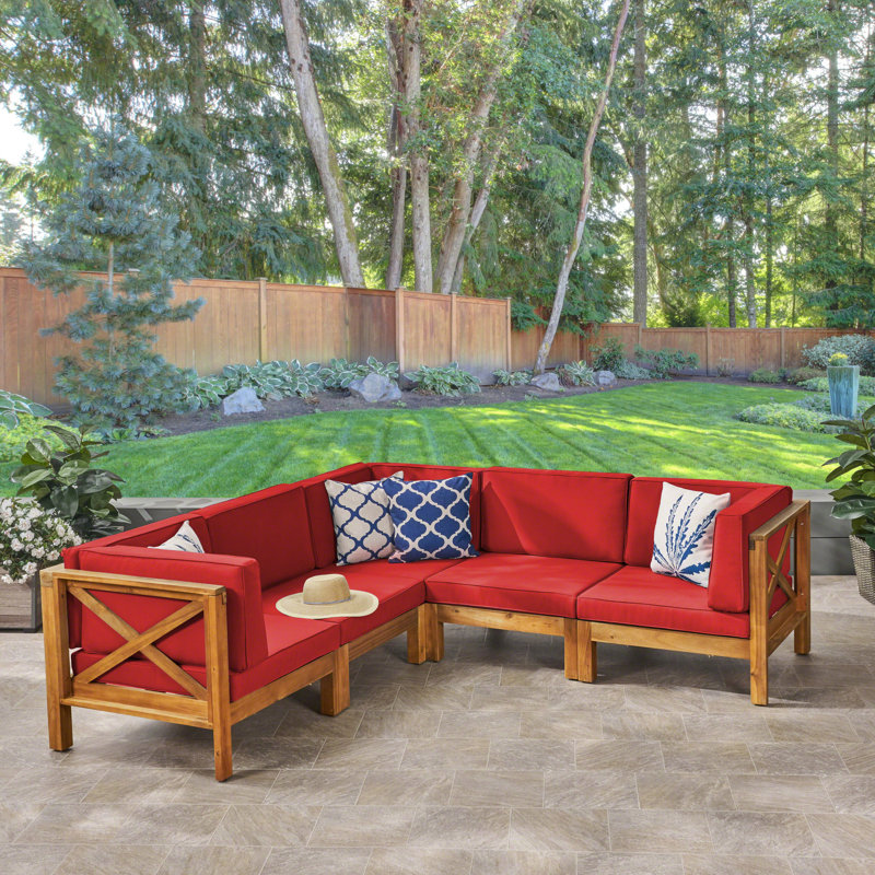 Luthersville Acacia 5 - Person Modular Patio Conversation Set with Cushions, Teak Frame / Red Cushion