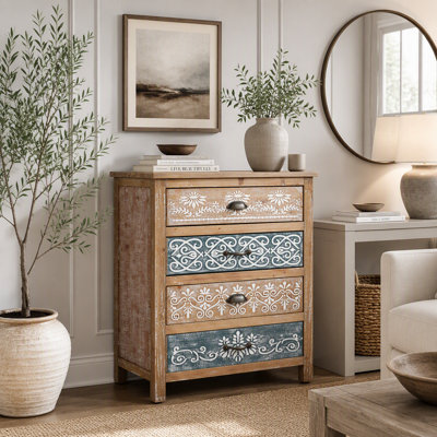 Vintage 4-Drawer Chest with Distressed Wood & Ornate Pattern Design