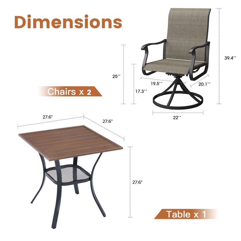 Ensemble de salle à manger de patio 3 pièces avec table carrée et 2 chaises pivotantes PVC-coated polyester