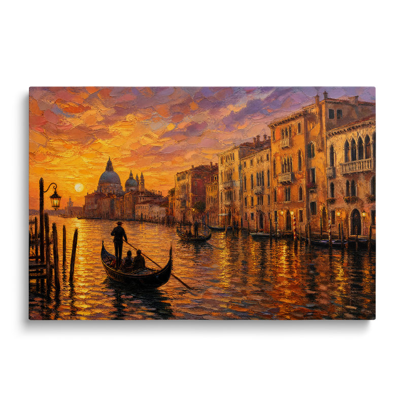 Peinture à l'huile sur toile représentant un coucher de soleil sur une gondole vénitienne - 40 x 60 cm, H 16 po x l 24 po