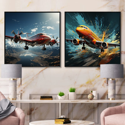 In Flight Jet Plane Horizons - Ensemble de 2 collages carrés