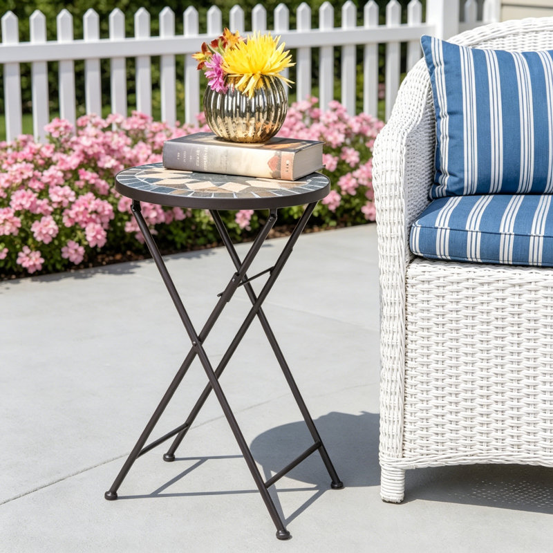 SILVESTER END TABLE With Stone Mosaic Top And Foldable Design For Versatile Outdoor Use, Perfect For Patio And Backyard Decor.