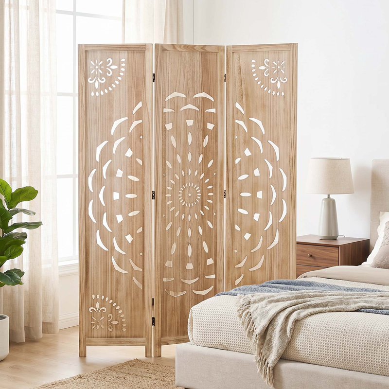 Paravent 6 panneaux pliant avec motif pivoine, finition bois clair, 3, Bois