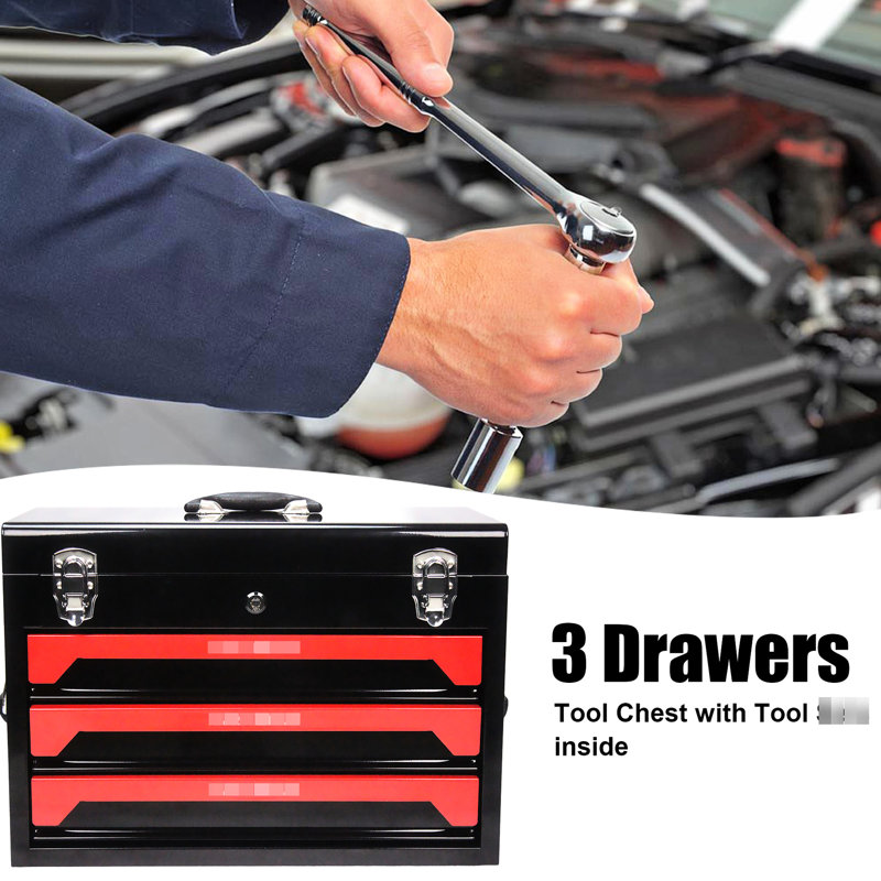 Boîte à outils portative 20 po 3 en acier avec outils, noir et rouge, robuste et design, métal, plateau de rangement supérieur, poignée de transport pour le garage, maison, trousse d'outils d'établi, qualité de fabrication, poste de travail