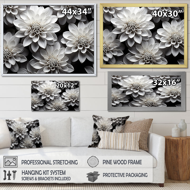 «Essential Black and White Mums Beauty I», reproduction d'art sur toile, Cadre flottant doré, H 24 po x l 32 po