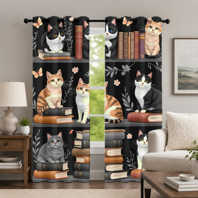 2Pcs Black Cat and Book Pattern Curtains, Cute Animal Theme Curtain, Whimsical Bookshelf Print Grommet Drapes, Window Treatment for Bedroom Living Room Decor