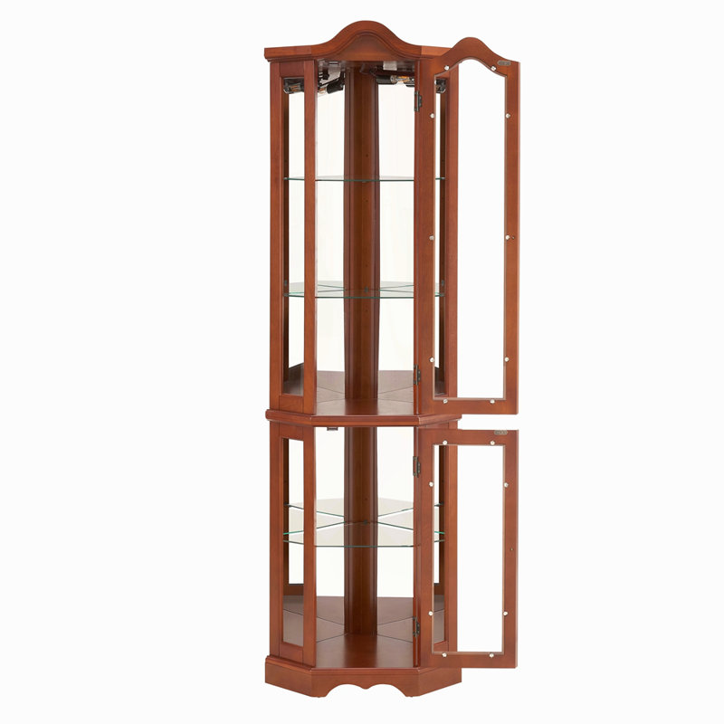 Vitrine de coin avec lumières, tablettes réglables en verre trempé, dos en miroir, vitrine, noyer (ampoule E26 non incluse)