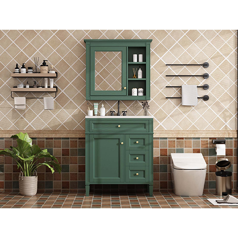 Ensemble de meuble-lavabo moderne avec lavabo simple 3 tiroirs et miroir, Vert