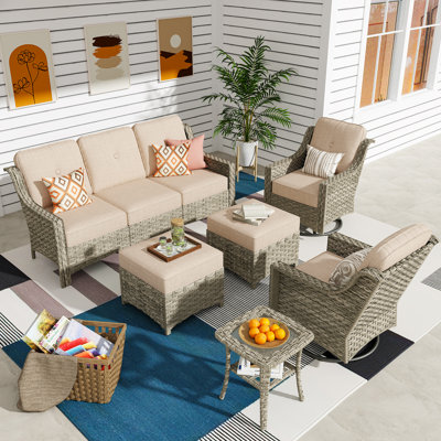 Ensemble de conversation pour 5 personnes, canapé de patio en osier et fauteuil pivotant avec coussins