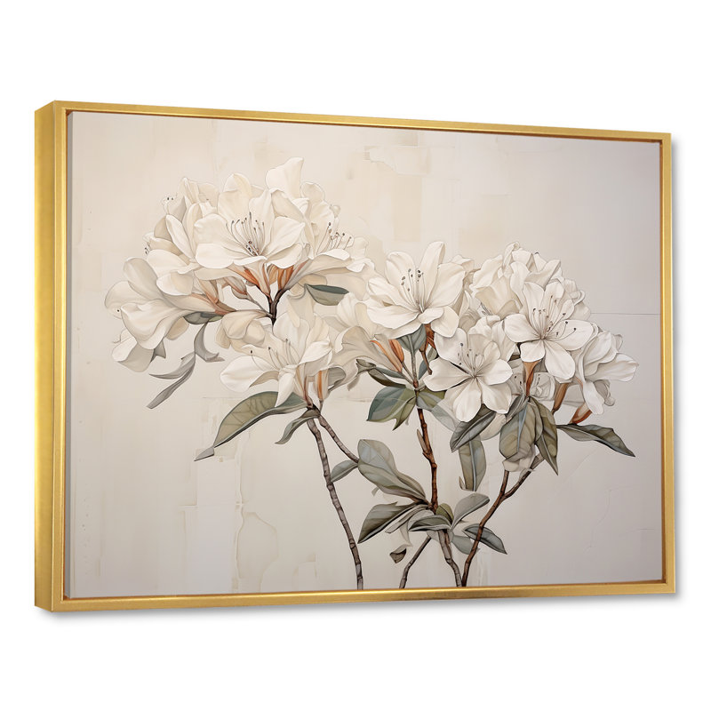 Rhododendron sobre et sobre, Cadre flottant doré, H 30 po x l 40 po x P 1,5 po