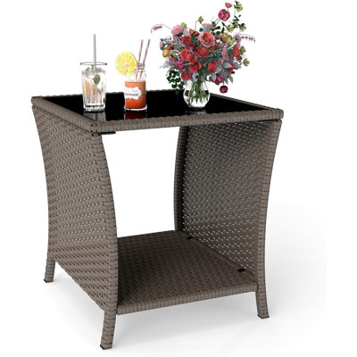  Wicker Rattan Side Table Outdoor Square Tempered Glass Top With Storage, Sesame Color