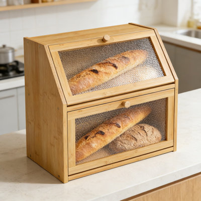 Double Layer Bread Storage Box With Diamond Pattern Windows, Extra Large Capacity Kitchen Countertop Container For Bread, Fruits, And Kitchenware