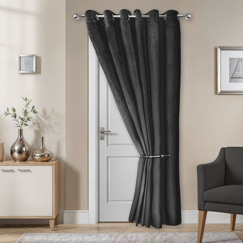 Midnight - Embossed Velvet Woven Thermal Eyelet Door Curtain, Black, 116cm Width x 213cm Drop