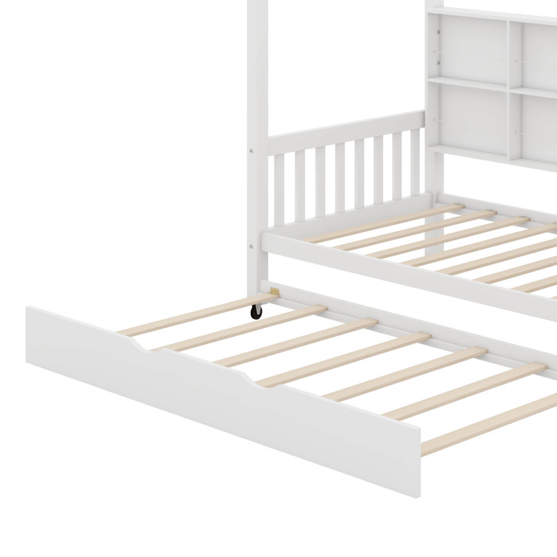 Lit simple avec lit gigogne et toit pour enfants, cadre de lit simple en bois avec tablettes de rangement