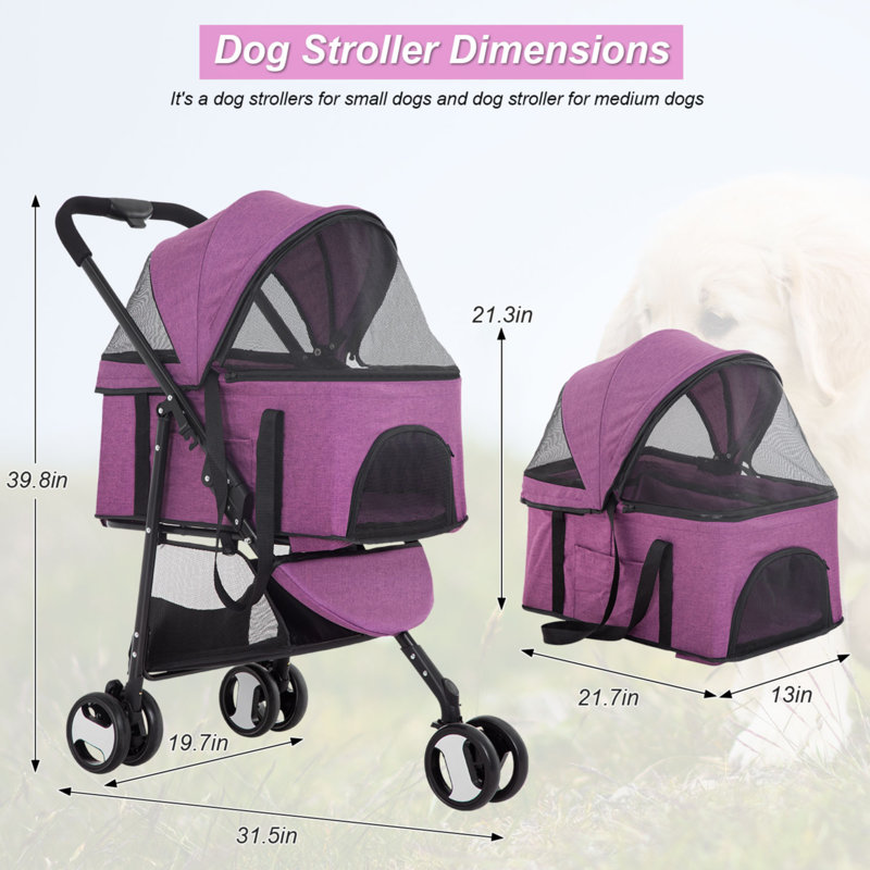 Purple 3-in-1 Stainless Steel Pet Stroller with Detachable Carrier