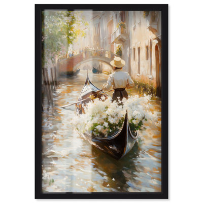 Décoration murale de cuisine Sunlit Canal Shadowbox par Art Remedy, cadre noir, 25 x 37