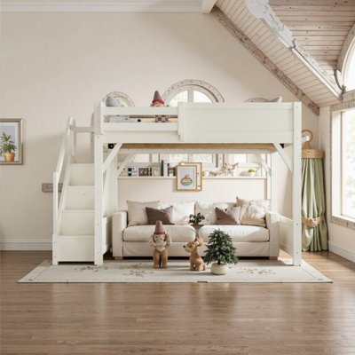 Queen Size Solid Wood Loft Bed With Built-In Wardrobe, Storage Shelves & Safety Rails