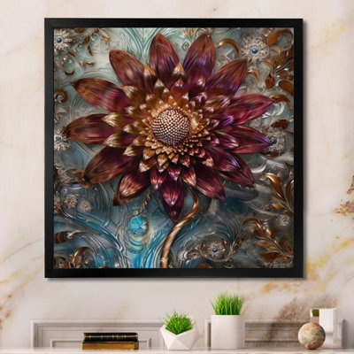 Mysterious Retro Dahlia Flower On Turquoise - Dahlia Framed Canvas Print