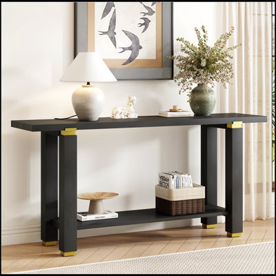Console minimaliste moderne de 62,9 pouces avec détails en bois massif et en métal, tablette intégrée pour un rangement et un style améliorés