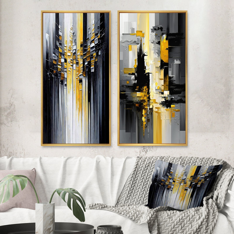 Art mural noir et jaune géométrique, ensemble de 2 pièces sur toile - abstrait géométrique noir et jaune III