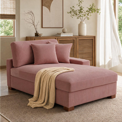 Milbrey Oversized Upholstered Pink Corduroy Chaise Lounge with Armrests & Throw Pillows