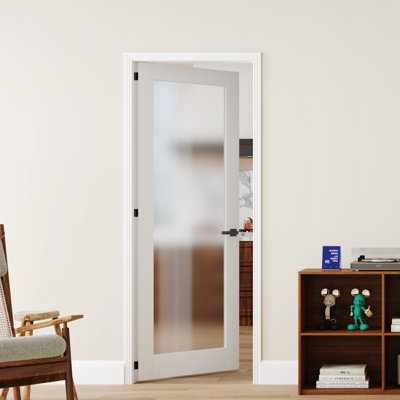 Porte CHIC MODE 30 po x 84 po, 1 vitrage en verre trempé dépoli, âme en MDF massif blanc, porte intérieure prémontée avec chambranle