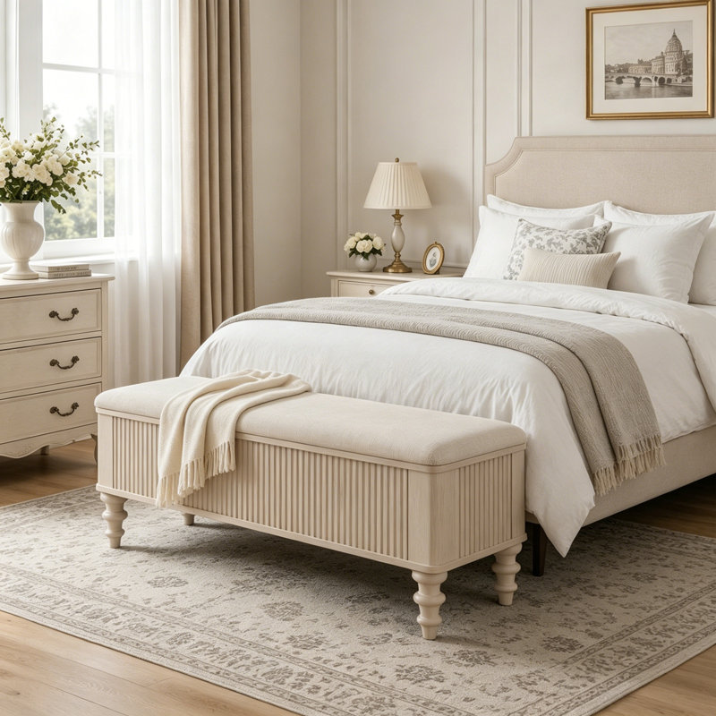 Banc de rangement multi-fonctionnel avec repose-pieds et charnière en lin, Beige