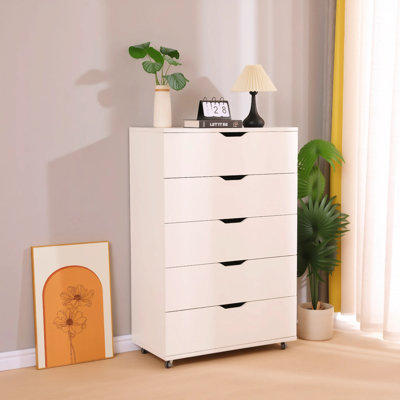 Commode blanche à 5 tiroirs avec roulettes - Armoire de rangement moderne