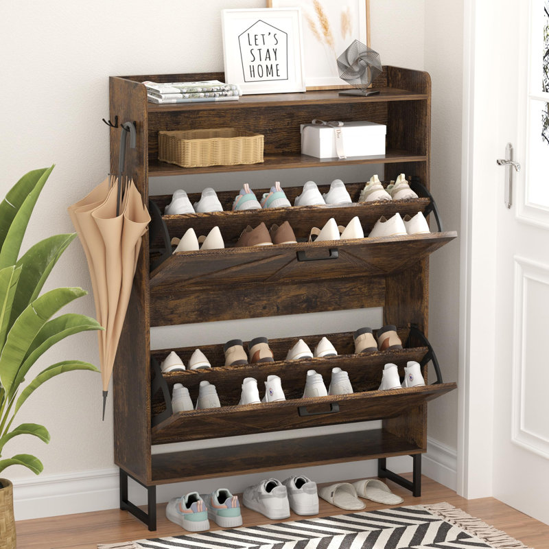 16-Pair Shoe Cabinet with Two Flip-Top Drawers, Brown