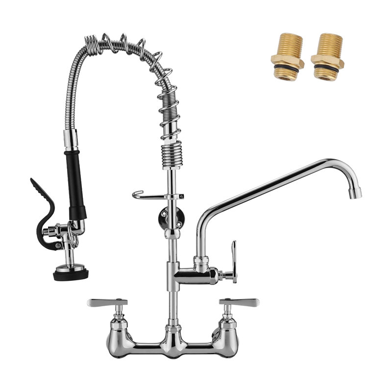 SOUEEUM Commercial Kitchen Faucet Wall Mount with Pre-Rinse Sprayer 25Inch