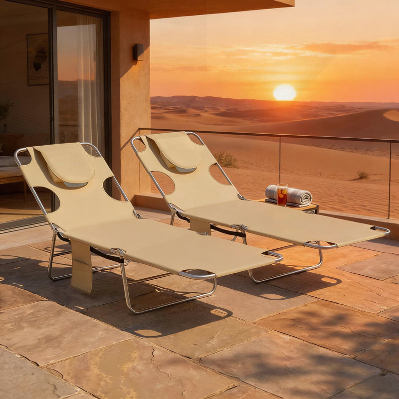 2 chaises de bronzage d'extérieur avec dossier réglable, conception pliante et poche latérale pour un bain de soleil confortable et un transport facile
