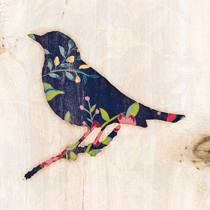 Bird Silhouette Navy Florals - Wrapped Canvas Print, 30cm H x 30cm W