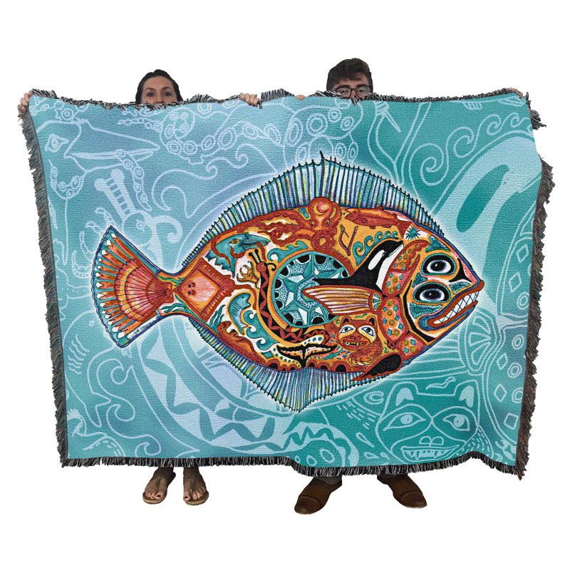Pure Country Weavers Halibut - Totem des esprits animaux par Sue Coccia - Couverture en tapisserie tissée en coton - Fabriqué aux États-Unis (72x54)