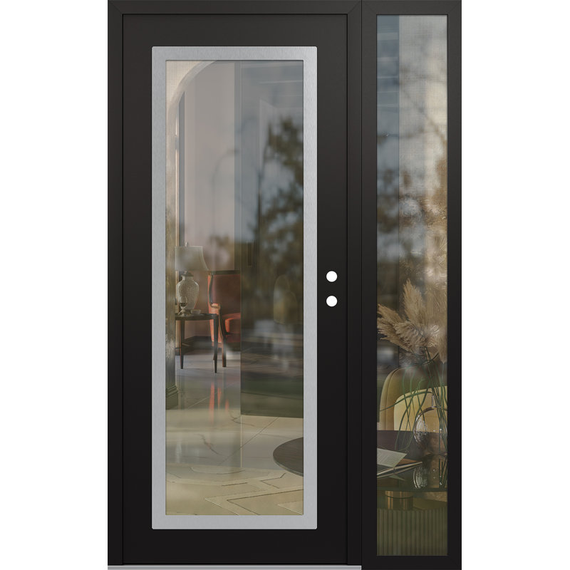 Clé gauche 48 po X 80 po Panneau en acier argenté et verre transparent noir et noir avec porte d'entrée avant en verre transparent Sidelite