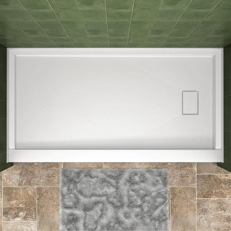 60" W x 32" D Solid Surface Single Threshold Shower Pan Base with Drain Cover Included, Textured Surface Slip-Resistant Shower Base Pan, White, Left Drain