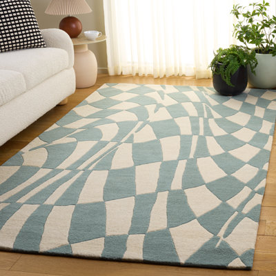 Tapis bleu / ivoire en laine touffeté à la main Amier