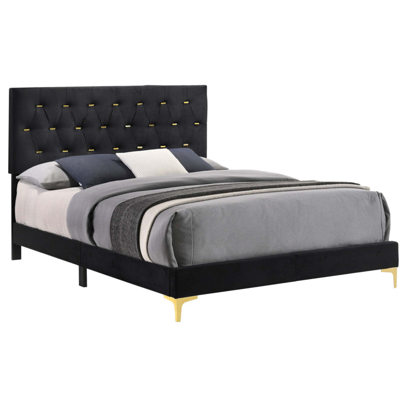 Lexie Black/Gold Diamond Tufted Eastern King Panel Bed