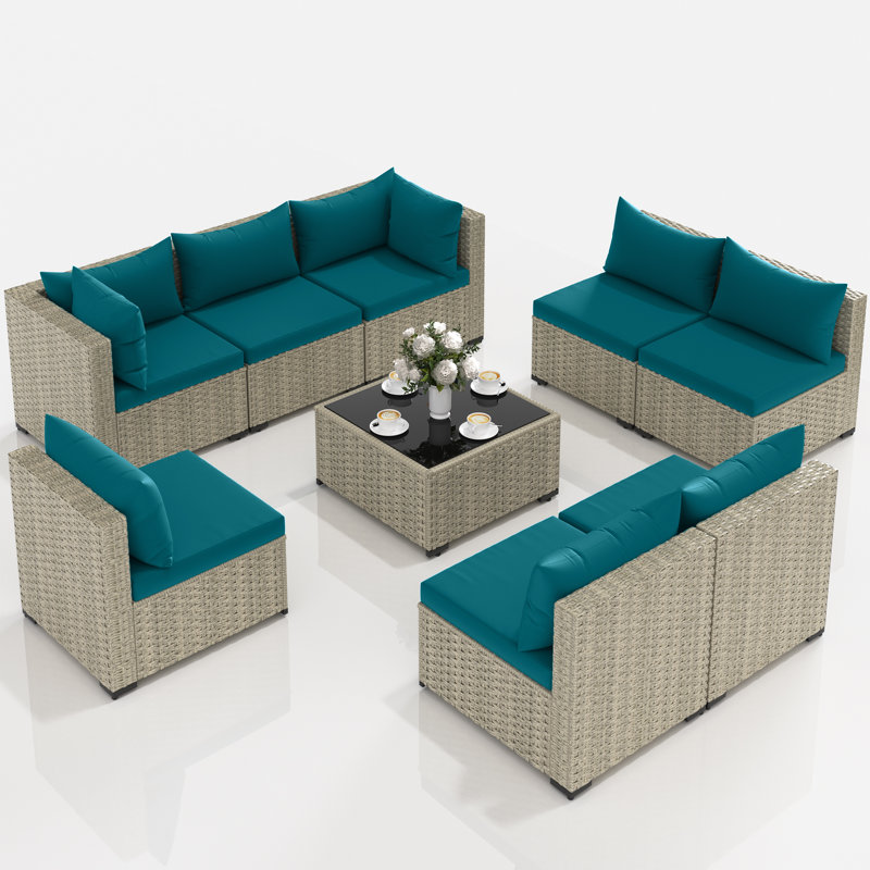 9 Pieces Rattan Patio Conversation Sets With Cushions, Peacock Blue