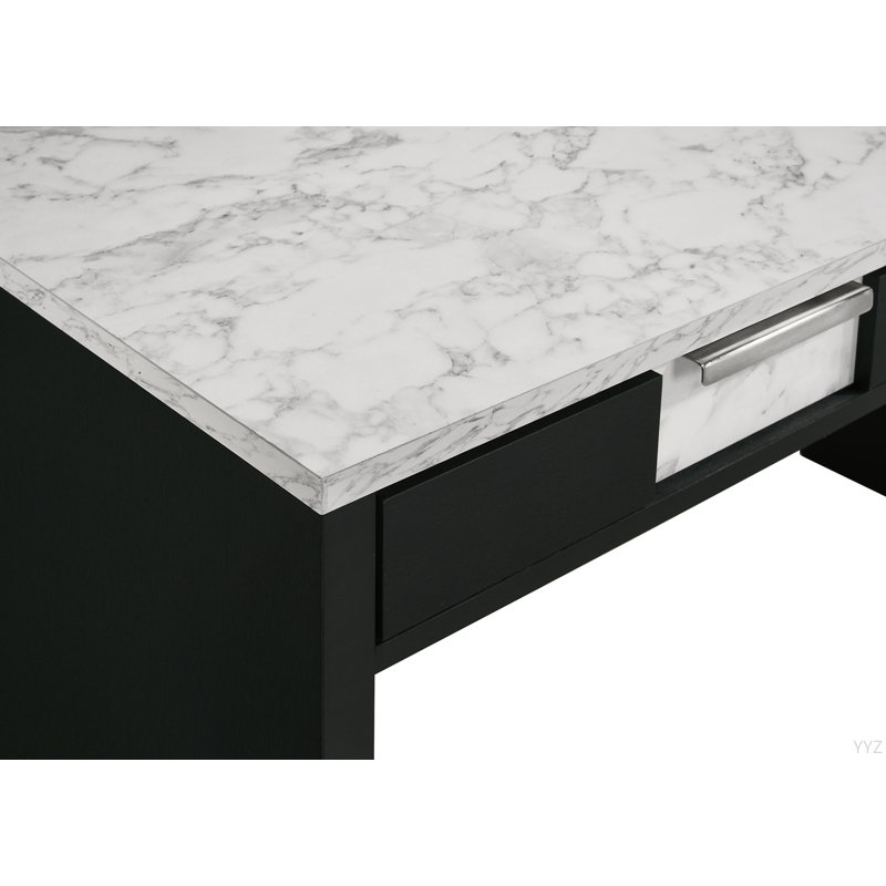 Meuble de bureau 1pc moderne avec base noire et rangement en marbre, Blanc/Noir