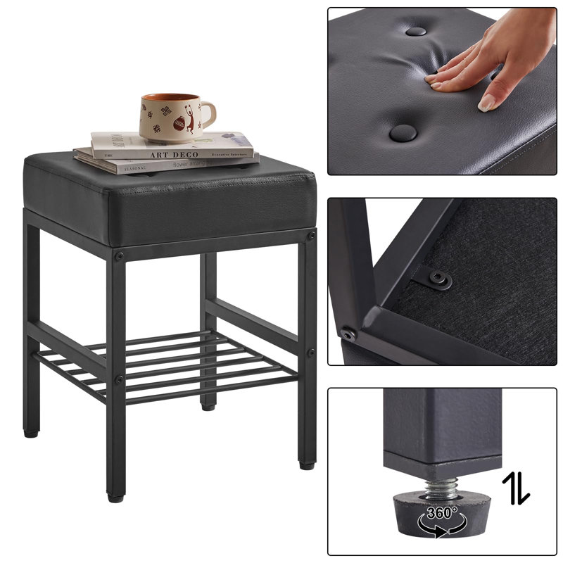 Black PU Cushion Square Vanity Stool with Adjustable Feet and Storage Space