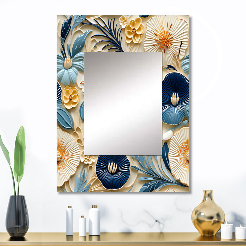 Motifs en bleu et blanc côtier Retreat Seashells - miroir décoratif floral, miroir mural floral, impression d'art en métal