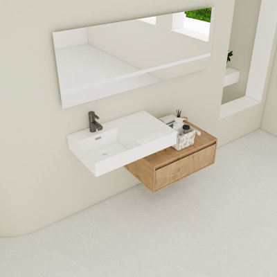 Meuble-lavabo mural de 30 po avec lavabo en résine, tiroir à fermeture en douceur et fixation flottante