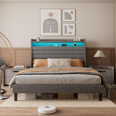 Bed Frame with Charging Station, Platform Bed Frame with LED Lights, Modern Upholstered Bed Frame with Headboard
