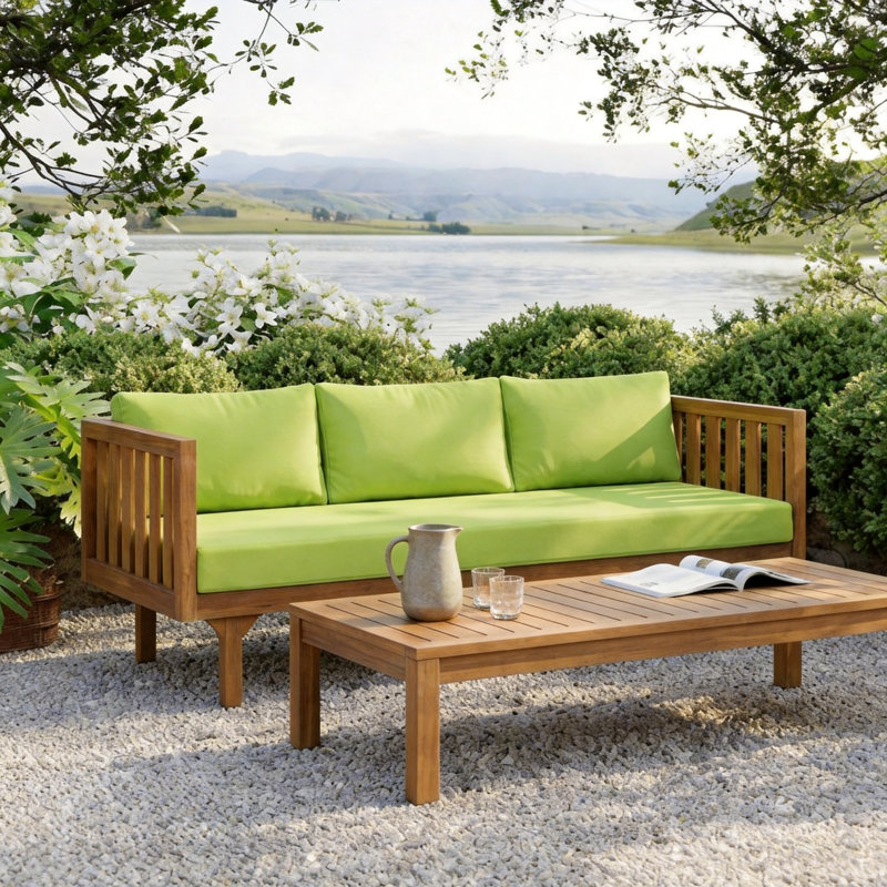 Outdoor Patio Daybed with Cushions, Green, Teak