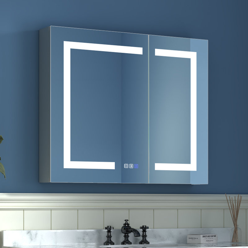 Tankersley Recessed or Surface Mount Frameless 3 Door Medicine Cabinet with 6 Adjustable Shelves and Lighting, Dual Swing